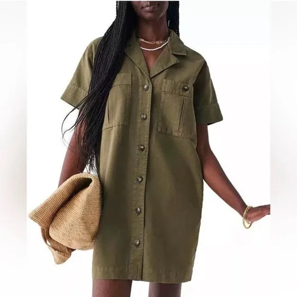 Faherty Linen Blend Palos Verdes Shirt Dress Olive Green Utility Coastal SZ L - Picture 2 of 16